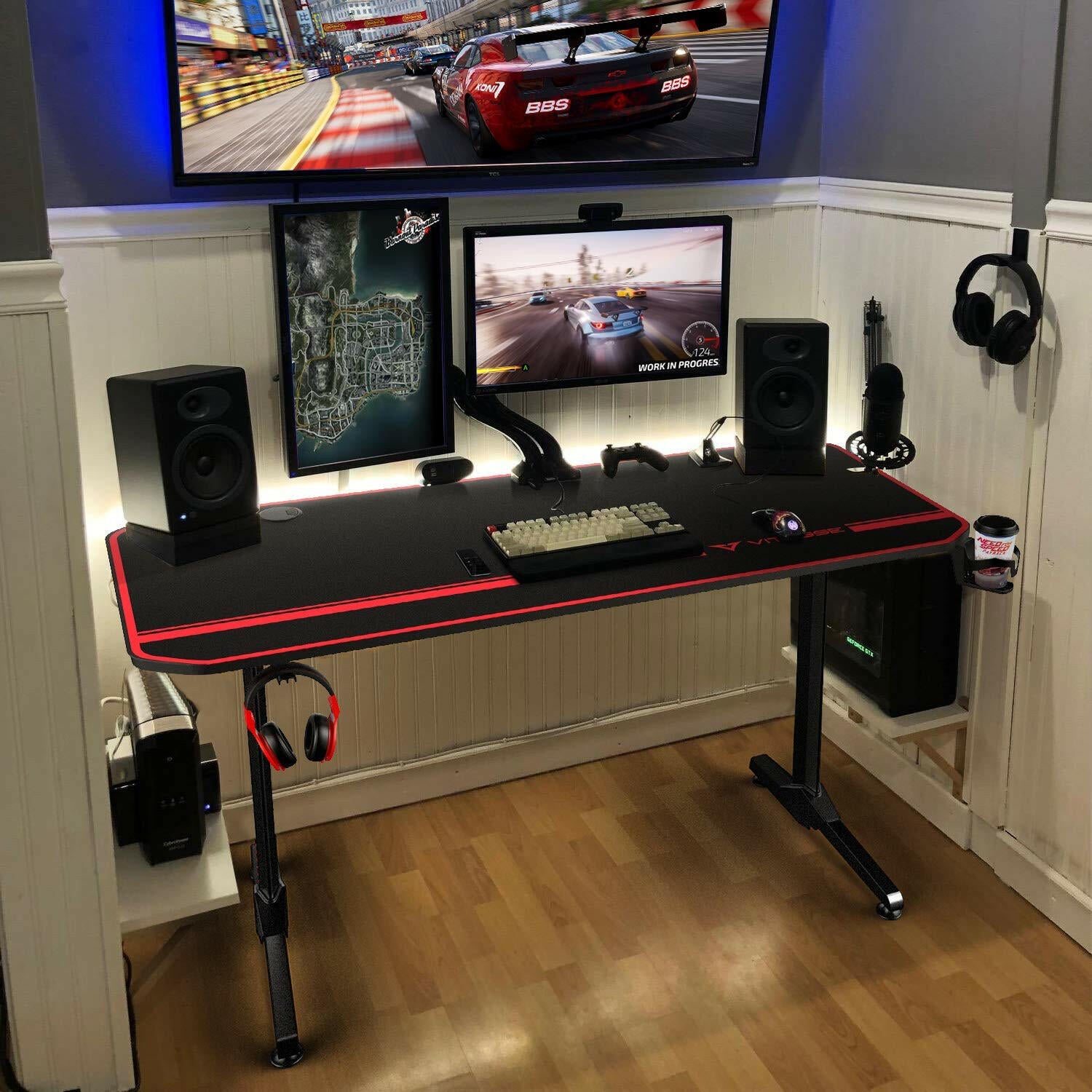 Vitesse Gaming Desk 55 inch, Gaming Computer Desk, PC Gaming Table, T  Shaped Racing Style Professional Gamer Game Station with Full Mouse pad,  Gaming