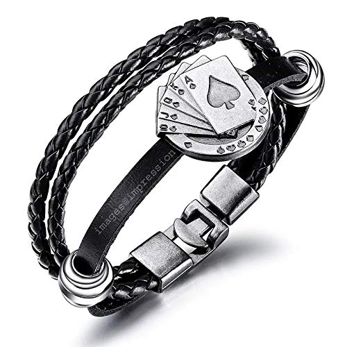 Impression Lucky Poker Playing Cards Black Leather Rope Braided Bracelet Band for Men and Boys- Black and Silver - Baazi Store