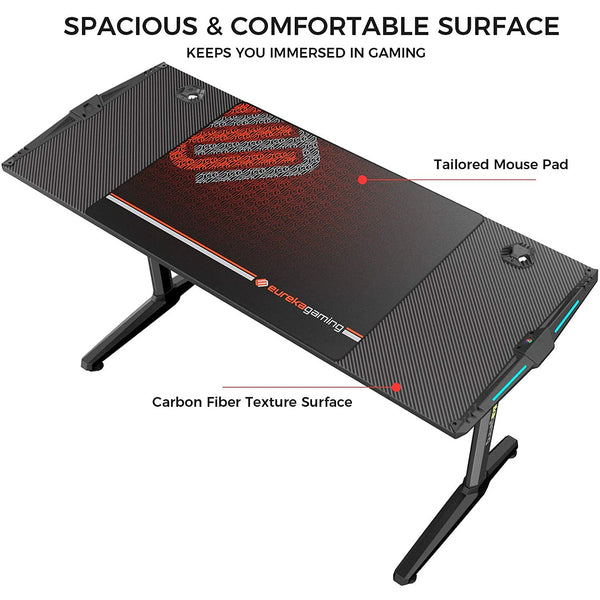 Eureka Ergonomic® Gaming Computer Desk 55" Home Office Gaming PC Table , I-Shaped Game and Work Station with New Polygon Legs Design, RGB LED Lights, Free Mouse Pad Controller Stand Cup Holder & Headphone Hook, Black - Baazi Store