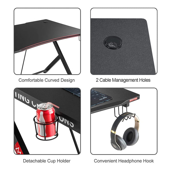 Mr IRONSTONE Gaming Desk 45.3" W x 29" D Home Office Computer Table, Black Gamer Workstation with Cup Holder, Headphone Hook and 2 Cable Management Holes - Baazi Store