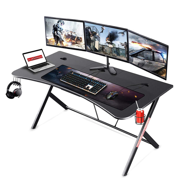 Mr IRONSTONE Large Gaming Desk 63" W x 32" D Home Office Computer Table, Black Gamer Workstation with Cup Holder, Headphone Hook and 3 Cable Management Holes - Baazi Store