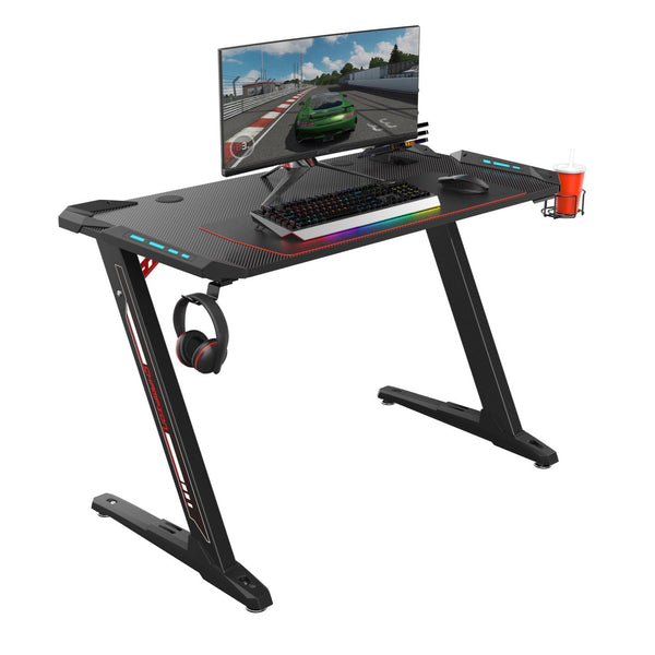 Eureka Ergonomic® Colonel Series Z1-S Gaming Computer Desk with RGB LED Lighting, Controller Stand, Cup Holder & Headphone Hook, Home Office Gaming Table, Black - Baazi Store