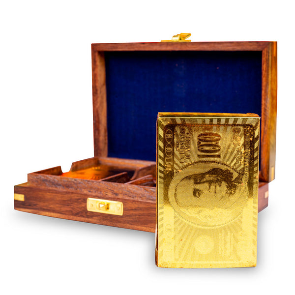 Kartique Playing Cards for Adults Golden Cards Deck of Cards Tash Card Gold Plated Cards with Handmade Wooden Box | Golden Plastic Card Deck Set Bridge Playing : 1 Wooden Box 2 Card Decks - Baazi Store